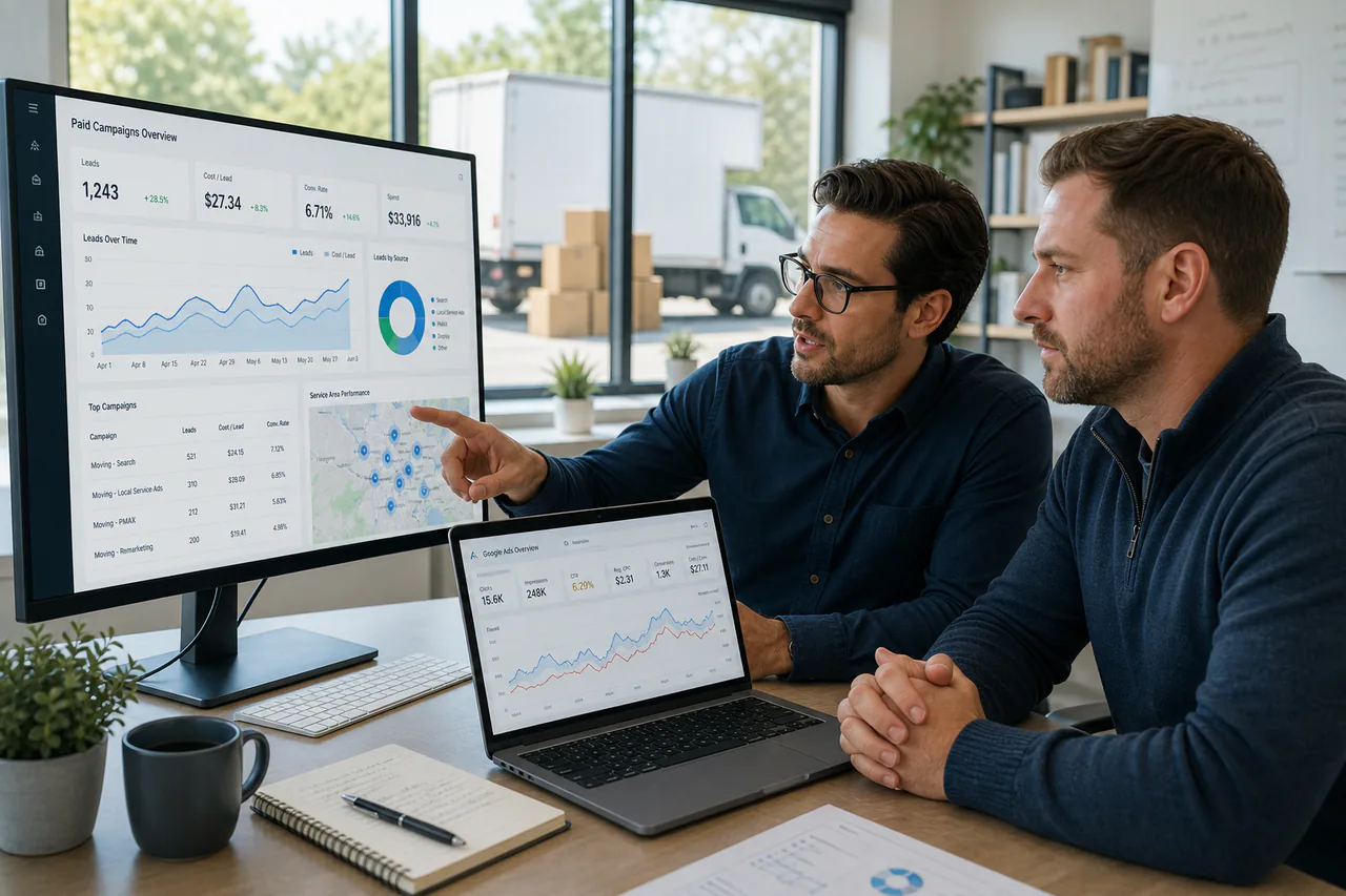 Marketing strategist reviewing moving company advertising campaigns and lead performance with a client